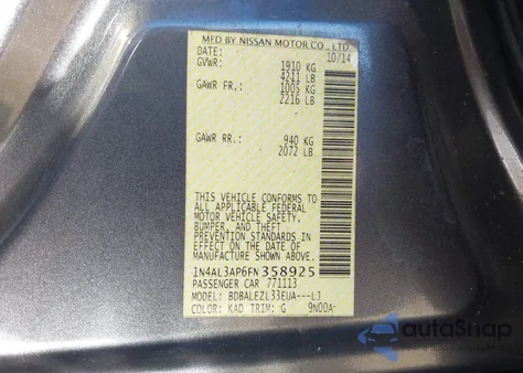 2015 Nissan Altima 2.5 S z USA, uszkodzony, nr VIN 1N4AL3AP6FN358925